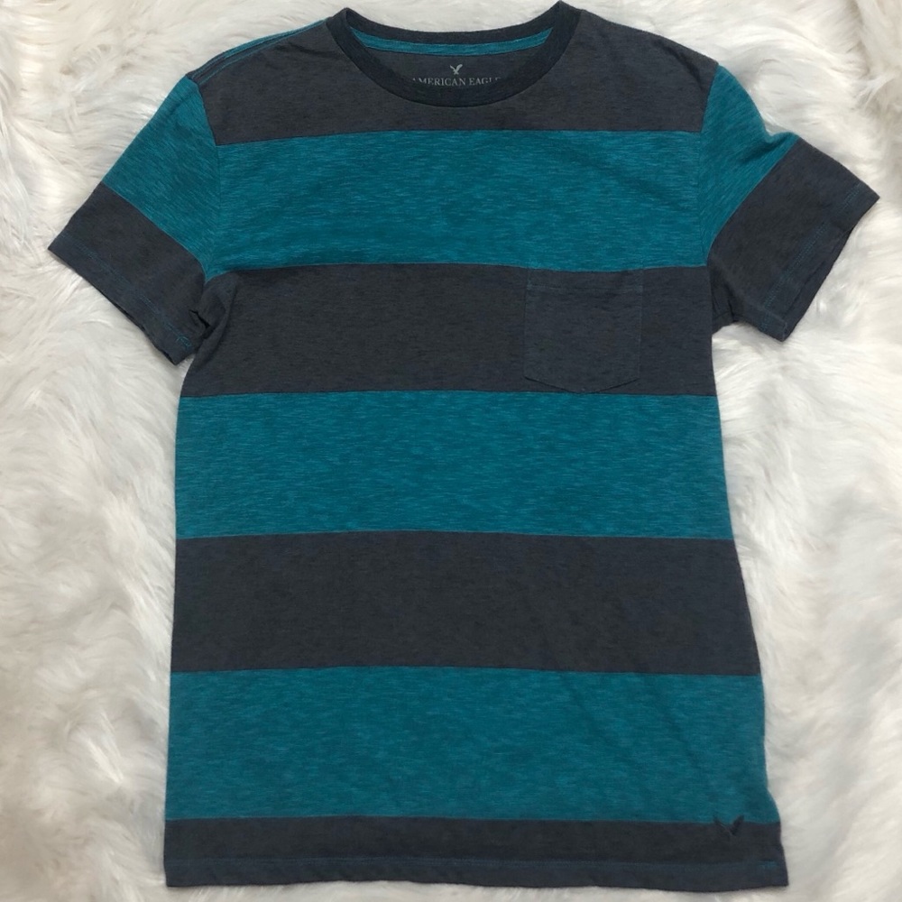 AEO Men’s teal & grey striped tee SMALL